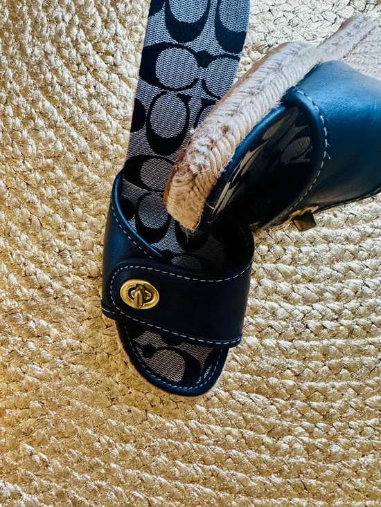 Coach Black Leather Wedge Sandals in Signature Print with Turn Lock Buckle - Picture 8 of 8